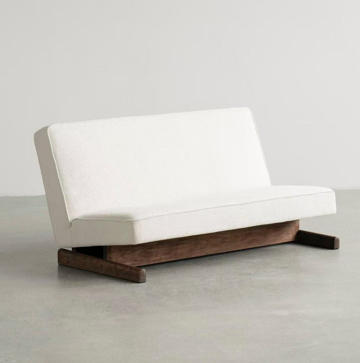 White Armless Loveseat Sofa, Solid Wood Sled Base 2 Seat Lounge Sofa, Low Profile Upholstered Bench Couch for Living Room, Bedroom, Reception Area, Studio and Reading Space