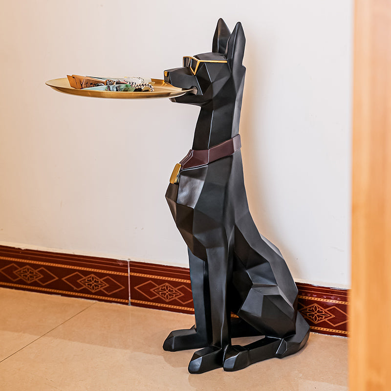 Large Geometric Doberman Side Table with Storage Tray, Polygonal Dog Sculpture for Entryway & TV Console