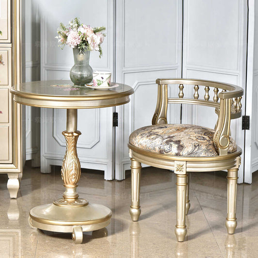 French Vintage Champagne Gold Tea Table & Chair Set – Classic Round Pedestal Table with Upholstered Accent Chair, Luxury Patio Conversation Furniture