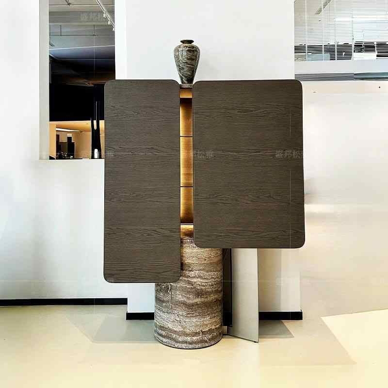 Italian Luxury Wall-Mount Bar Cabinet with Natural Marble Pedestal, Contemporary Wood Grain Storage with Brass Interior Lighting, Designer Display Cabinet