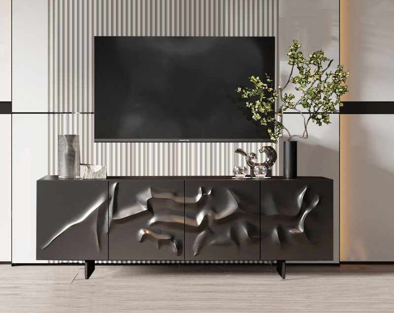 Italian Minimalist Luxury Entryway Console Cabinet – Modern Sculptural TV Stand with Relief Doors, Designer Sideboard for Living Room, Dining Room, or Foyer
