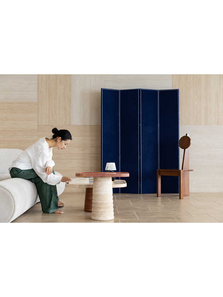 Indigo Blue 4-Panel Folding Screen Room Divider, Luxury Faux Horse Hair Privacy Partition with Metal Studs, Modern Living Room Backdrop