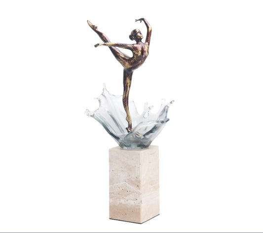 Luxury Modern Ballerina Art Sculpture, Abstract Metal Dancer with Glass Splash on Marble Pedestal for Living Room, Entryway, Office, or Hotel