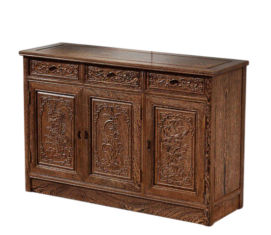 Solid Wood Sideboard Buffet Cabinet, Hand Carved 3 Door 3 Drawer Storage Credenza, Traditional Asian Style Dining Room Cabinet for Living Room, Entryway and Hallway