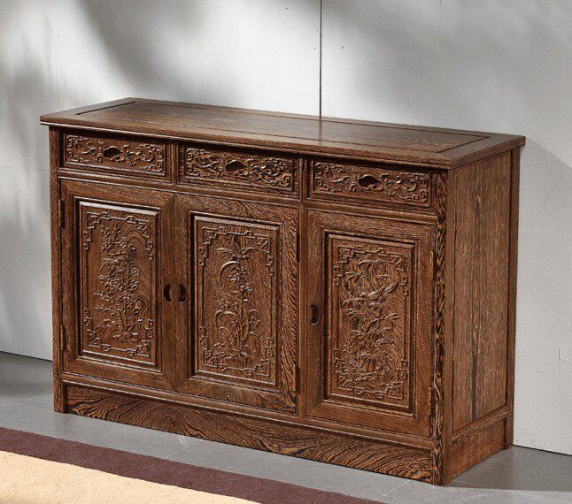 Solid Wood Sideboard Buffet Cabinet, Hand Carved 3 Door 3 Drawer Storage Credenza, Traditional Asian Style Dining Room Cabinet for Living Room, Entryway and Hallway