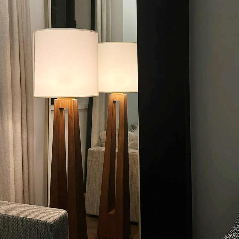 Walnut Wood LED Floor Lamp with Drum Linen Shade, Modern Ambient Standing Lamp, Minimalist Tall Light Fixture for Living Room, Bedroom, Study, Meditation Room