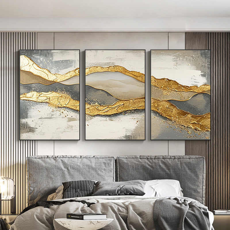 Luxury Modern Gold Abstract Hand-Painted Canvas Wall Art Triptych, Set of 3 Large Unframed Textured Paintings for Living Room Sofa Background