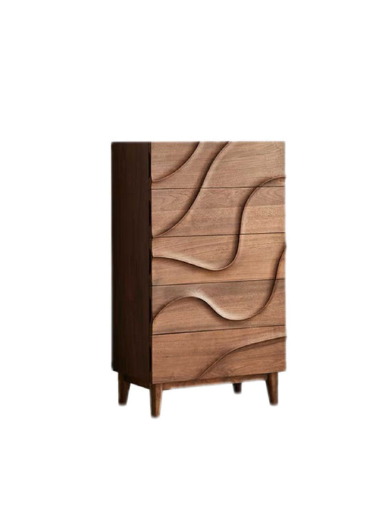 Nordic Walnut Wood Chest of Drawers – Modern Sculptural Wave Pattern 5-Drawer Dresser, Bedroom Storage Cabinet, Contemporary Accent Organizer for Living Room