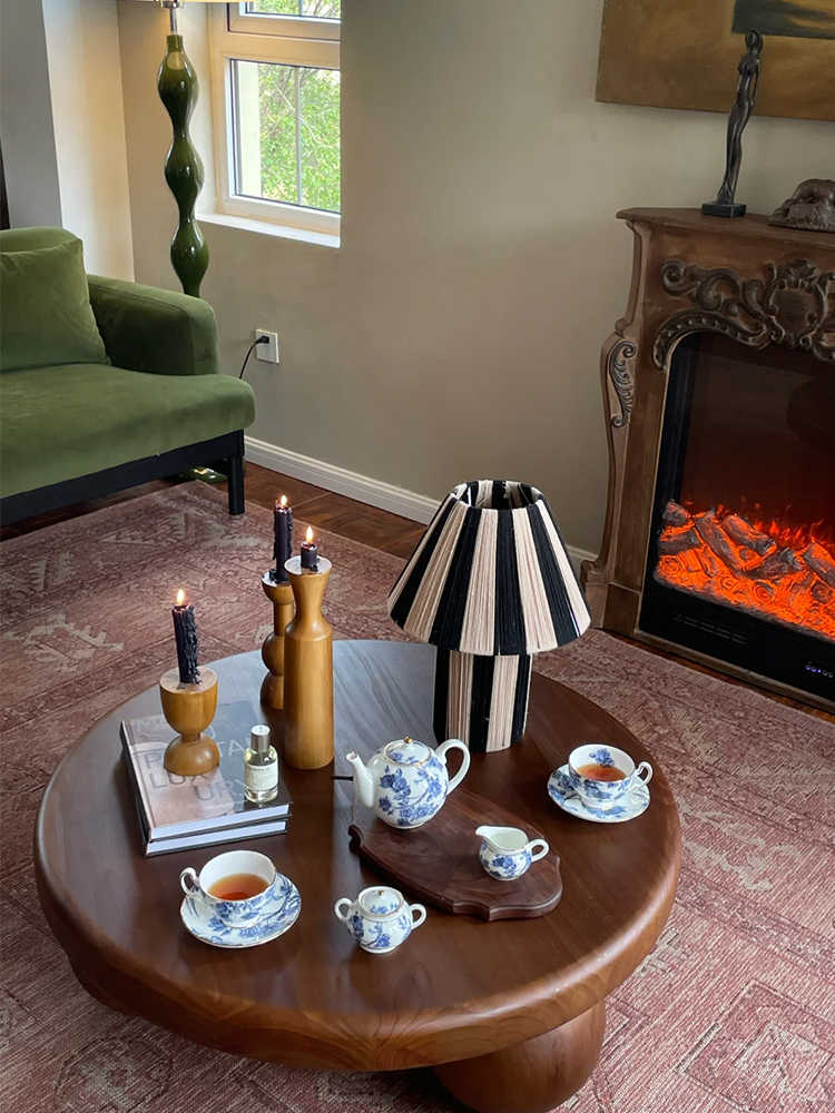 Vintage Solid Wood Ball Coffee Table, Deep Walnut Round Low Table for Living Room