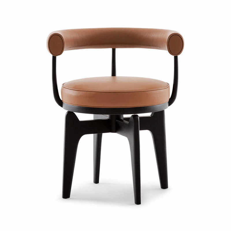 Nordic Swivel Dining Chair with Cognac Leather Upholstery, Mid-Century Modern Accent Chair with Black Wood Base, Luxury Armchair for Showrooms & Lounges,