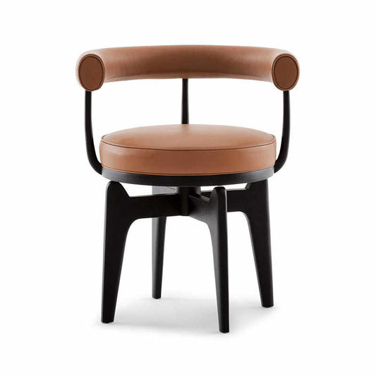 Nordic Swivel Dining Chair with Cognac Leather Upholstery, Mid-Century Modern Accent Chair with Black Wood Base, Luxury Armchair for Showrooms & Lounges,