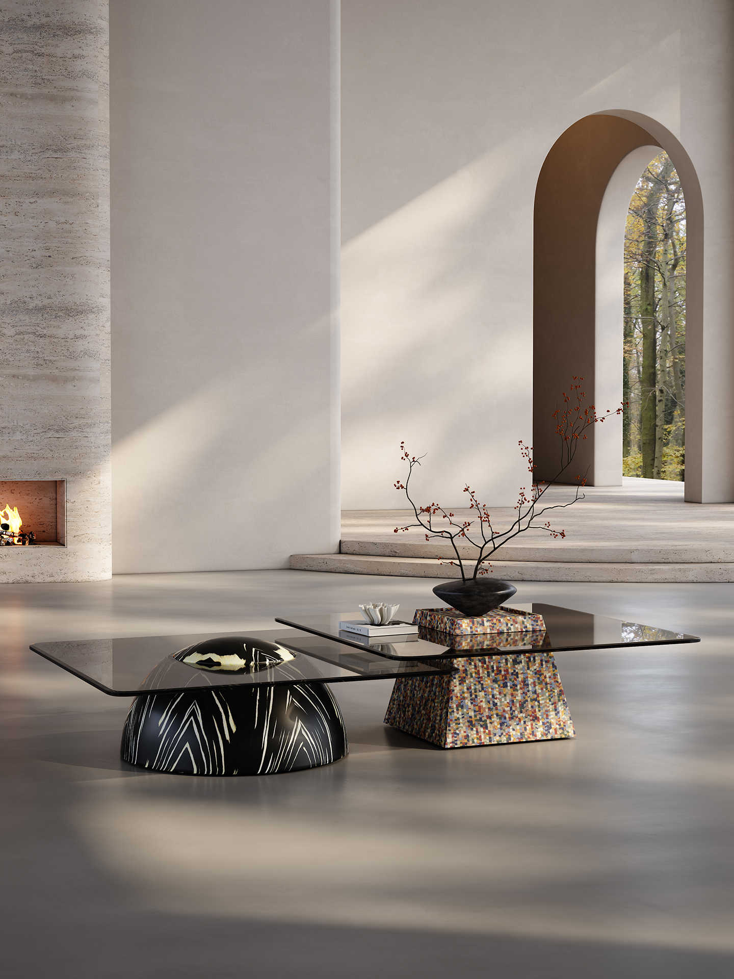 Italian Minimalist Glass Coffee Table Set, Modern Art Designer Sculptural Base Tables for Luxury Living Room