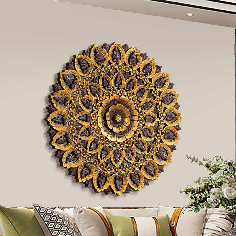 Thai Hand-Carved Teak Wood Mandala Wall Art, Large Southeast Asian Lotus Flower Wall Sculpture for Hotel & Restaurant Decor