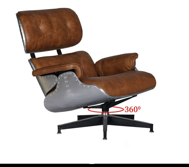 Industrial Eames Style Aluminum Rivet Lounge Chair & Ottoman Set – Designer Vintage Leather Recliner with 360° Swivel Base