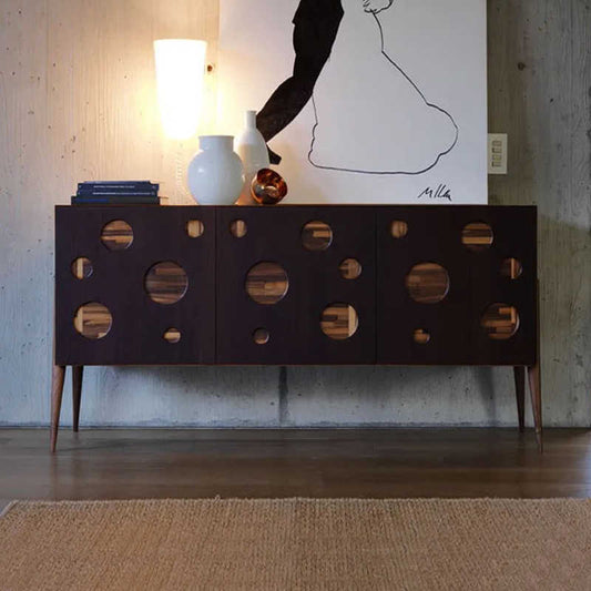 Italian Mid-Century Modern Sideboard with Circular Cut-Out Design, Walnut Wood Credenza with Tapered Legs, Contemporary Storage Cabinet