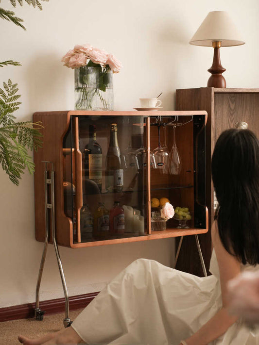 Mobile Retro Cherry Bar Cabinet – Rolling Coffee Sofa Side Display Storage Shelf, Vintage Entryway Buffet Organizer with Free LED Strip