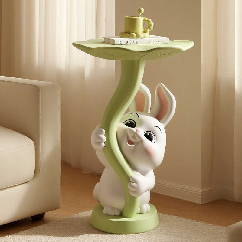 Rainy Day Baby Bunny Floor Table, Cute Modern Leaf Side Table for Living Room, Sofa, Bedroom, Home Decor