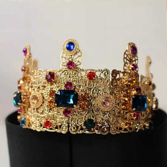 Vintage Gold Bridal Crown Tiara with Colorful Gemstones, Pearl Accents and Cross Details for Wedding, Photoshoot, Prom, Luxury Headband Accessory