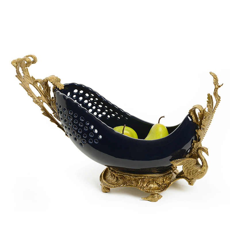Luxury Blue Porcelain and Brass Swan Fruit Bowl, Classical Centerpiece for Living Room, Dining Table, and Decorative Display