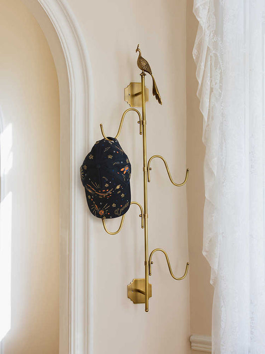 Brass Peacock Wall Hook, Luxury Entryway/Bedroom S-Shaped Coat & Hat Rack, Dual Installation – No-Drill and Wall-Drill