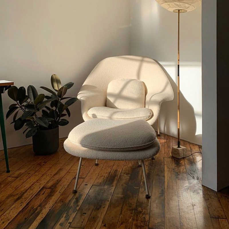 Modern Womb Chair and Ottoman Set, White Bouclé Lounge Armchair for Living Room or Bedroom