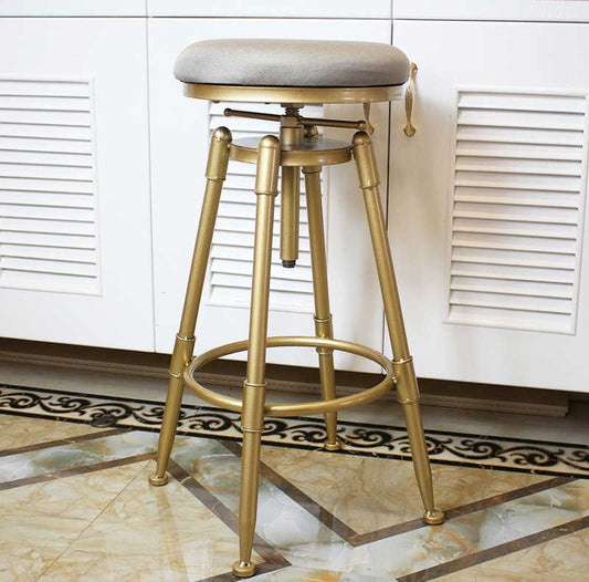 Modern Gold Adjustable Bar Stool – Industrial Swivel High Stool with Linen Soft Seat, No Backrest, Iron Bar Height Chair for Kitchen, Home Bar, Counter