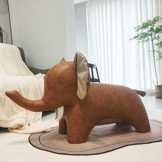 Luxury Elephant-Shaped Ottoman Stool Set, Premium Faux Leather Animal Sculptural Seating, Nordic Style Creative Shoe Changing Bench for Living Room