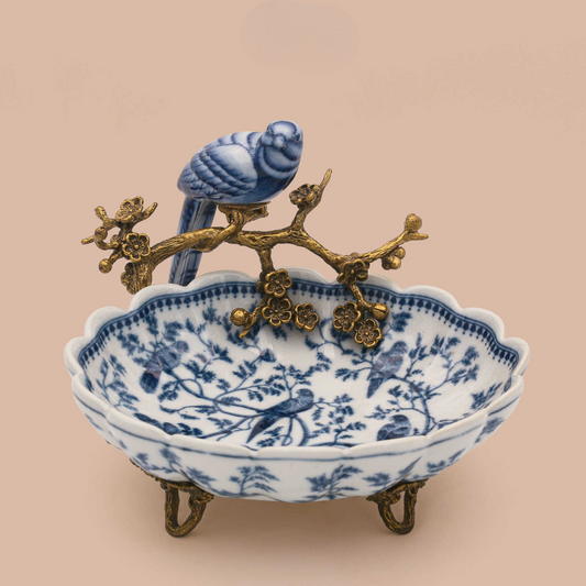 Oriental Blue-and-White Porcelain Bird Dish, Hand-Painted Ceramic & Brass Plum Blossom Accent Decorative Bowl