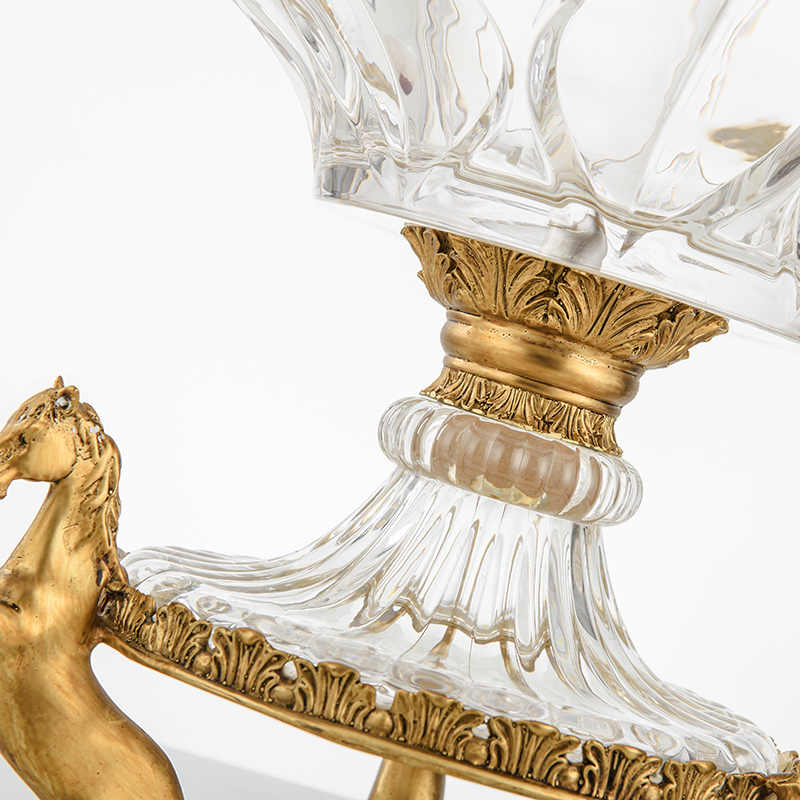 Crystal Glass Fruit Bowl with Brass Horse Pedestal – Luxury Centerpiece for Living Room, Dining Table, and Event Décor