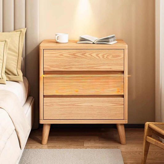 Modern Solid Wood Bedside Table – Minimalist Tall Nightstand, Narrow High Storage Cabinet, 3 Drawers