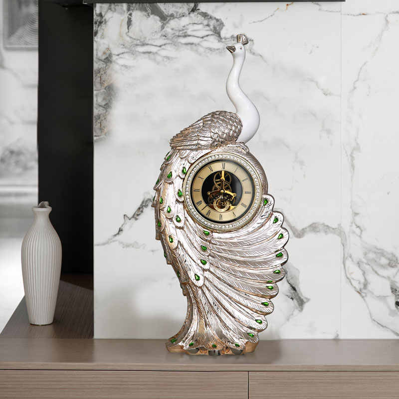 Luxury Rose Gold Peacock Clock – Large Resin Floor Standing Decorative Timepiece for Living Room, Entryway, or Hotel Lobby