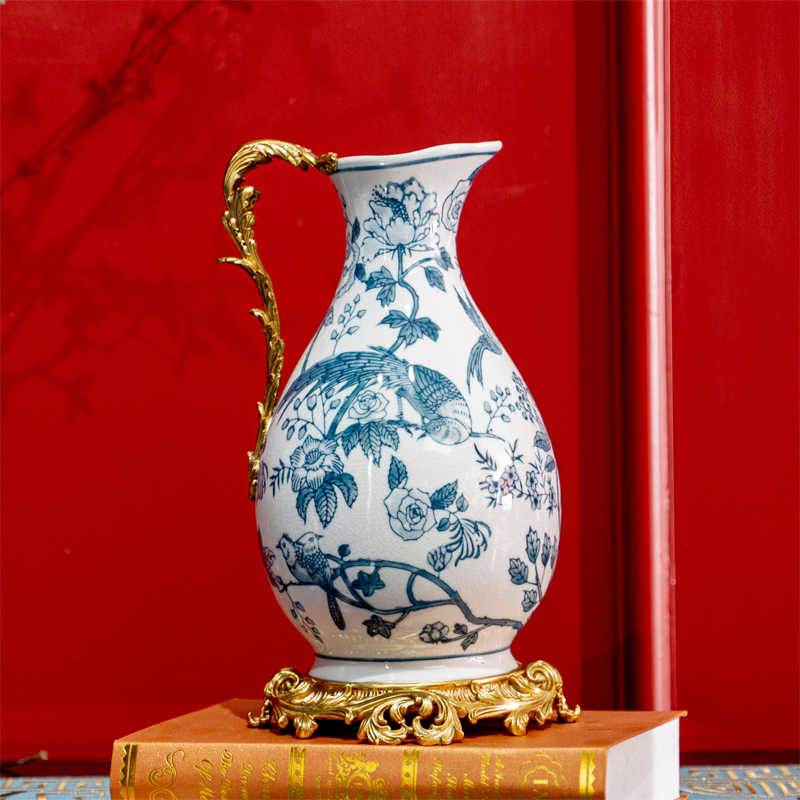 Elegant Blue Floral Porcelain Vase with Brass Base – Decorative Flower Holder for Living Room, Entryway, Tabletop
