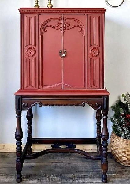 Vintage Solid Wood Tall Cabinet – Art Deco Red Entry Buffet, Antique Living Room Storage, Display, Bookcase & Wine Cabinet, Custom Design