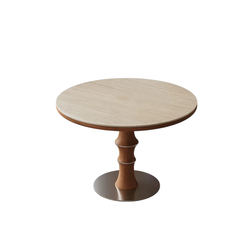 Round Pedestal Dining Table, Travertine Look Sintered Stone Kitchen Table with Wood Tone Center Base and Metal Foot, Modern Small Dining Table for Apartment, Breakfast Nook, Dining Room, and Cafe