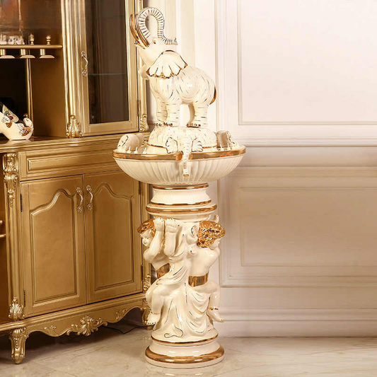 Oversized Ivory & Gold Elephant Fountain – Indoor Ceramic Luxury Water Feature for Living Room, Hotel, Corridor & Event Decor