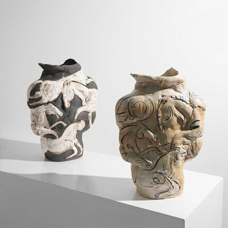 Modern Abstract Ceramic Flower Vase, Handcrafted Art Horse Relief Decorative Vessel for Entryway, Study, or Showroom