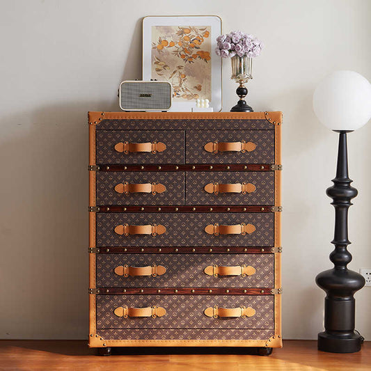 French Vintage Steamer Trunk Style Chest of Drawers, Classic Monogram Canvas Pattern Storage Cabinet with Leather Trim