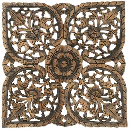 Clearance Thai Teak Lotus Carved Wall Panel, Southeast Asian Hotel & Spa Decor Relief Art