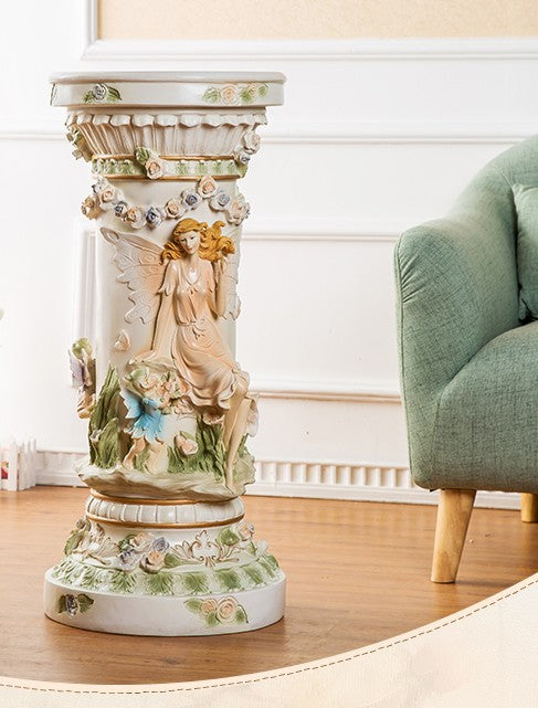 Ornate European Angel Decorative Column Pedestal, Hand-Painted Porcelain Roman Pillar Plant Stand with Floral Details, Luxury Home Display Sculpture