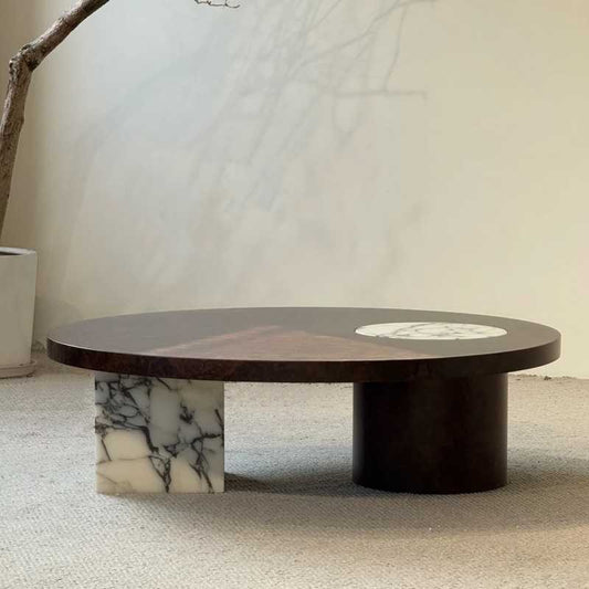 Modern Minimalist Round Coffee Table – High-End Marble Inlay, Artistic Geometry, Compact Luxury Tea Table for Living Room or Apartment