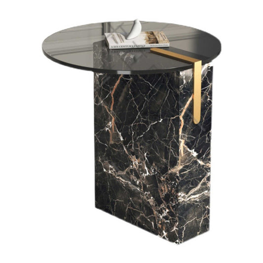Italian Luxury Grey Glass Round Side Table, Modern Marble Base Corner Coffee Table with Designer Aesthetics