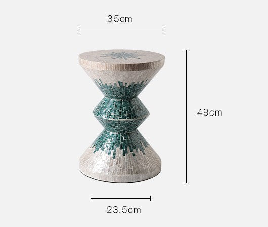 Luxury Shell Mosaic Garden Stool, Turquoise Green Mother of Pearl Ceramic Side Table, Tropical Style Accent Stool