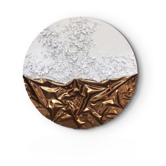 Modern Luxury Round Leather 3D Wall Art, Handcrafted White & Gold Abstract Texture Panel, Frameless Living Room & Entryway Decorative Sculpture