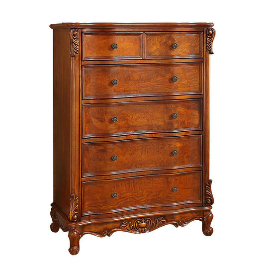 European Traditional Six-Drawer Tall Chest – Solid Wood American Country Style Dresser with Ornate Carved Details, Classic Bedroom Storage Furniture