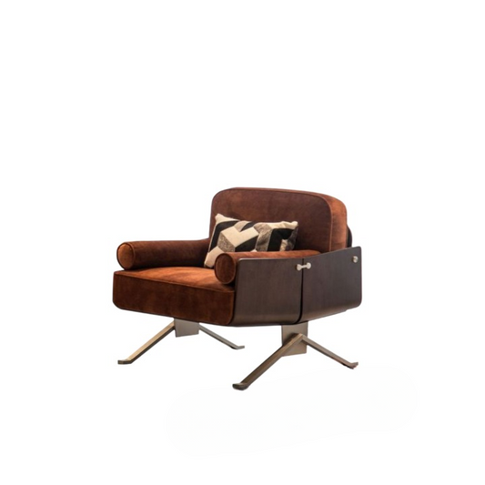 Brown Velvet Accent Chair with Walnut Wood Sides and Steel Legs