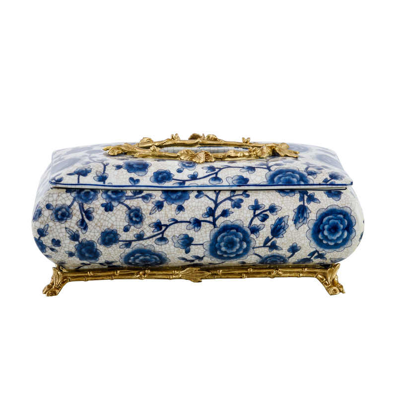 Blue and White Porcelain Brass Tissue Box, Classical Chinoiserie Tissue Holder for Living Room, Coffee Table and Villa Decor