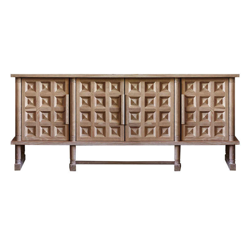 French Vintage Solid Wood TV Console Cabinet, Rustic Country Style Media Stand with Hand-Carved Diamond Pattern, Weathered Oak Finish Storage Sideboard