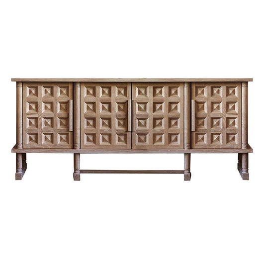 French Vintage Solid Wood TV Console Cabinet, Rustic Country Style Media Stand with Hand-Carved Diamond Pattern, Weathered Oak Finish Storage Sideboard