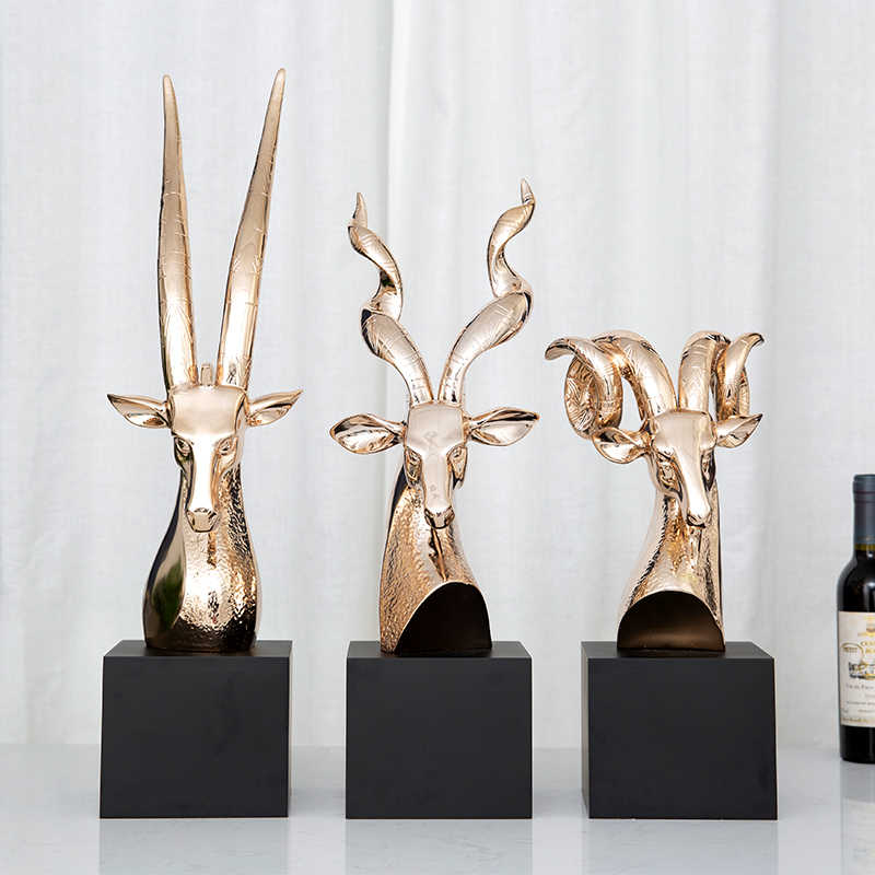 Modern Abstract Ram Head Sculpture Set – Rose Gold Resin Statues for Hotel Lobby, Office, or Home Decor