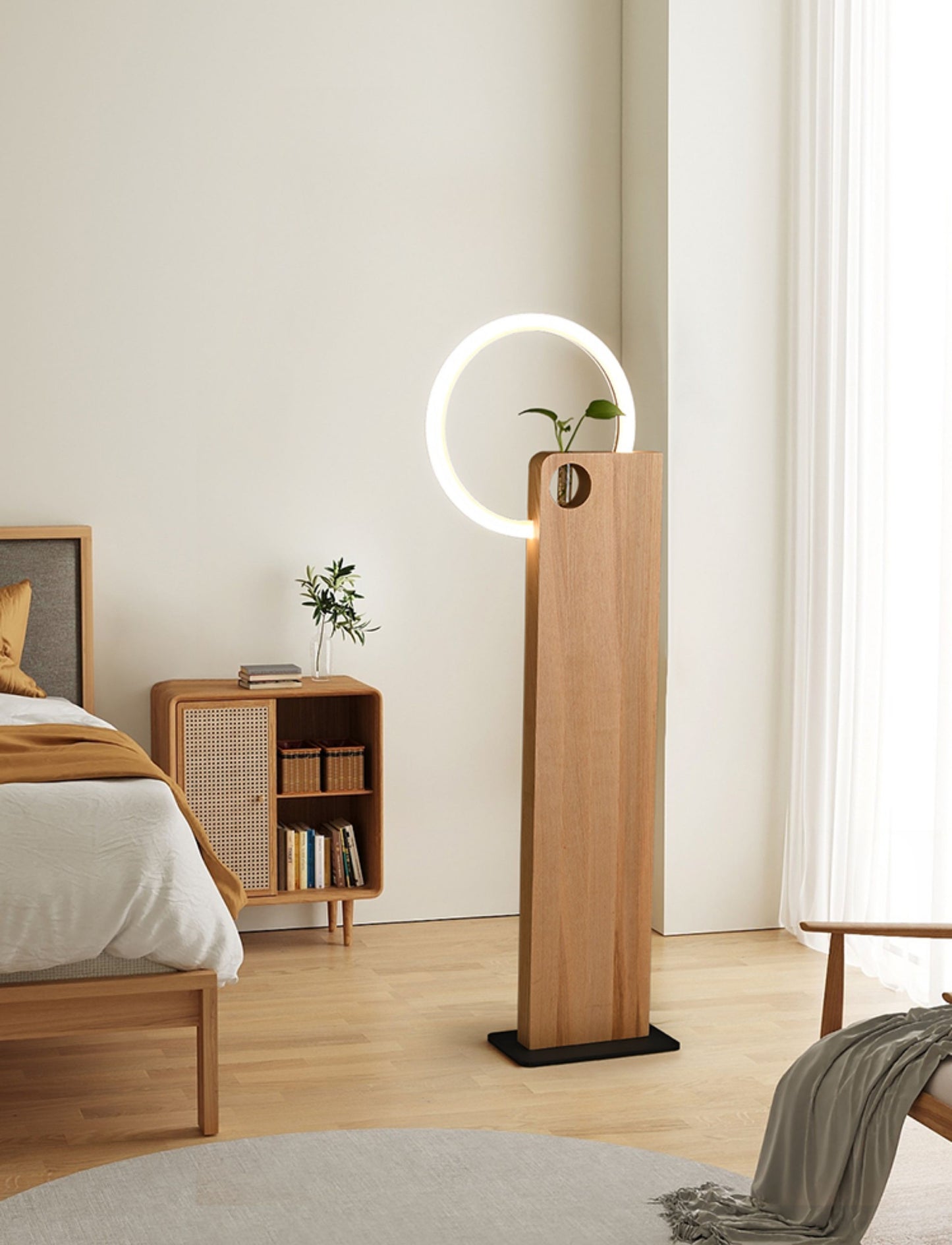 Modern Floor Lamp with Wooden LED Ring, Minimalist Solid Wood Plant Stand Accent Light, Decorative Tall Standing Lamp for Living Room, Bedroom, Study